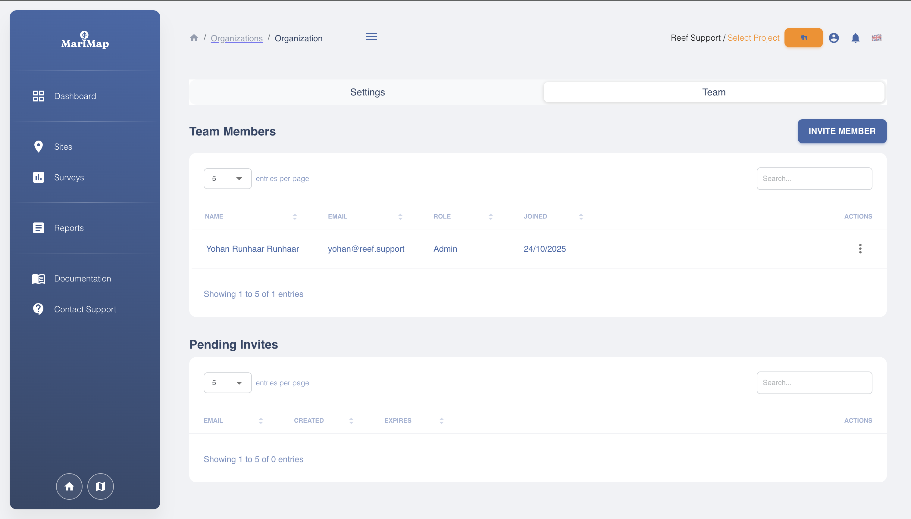 Team management screen