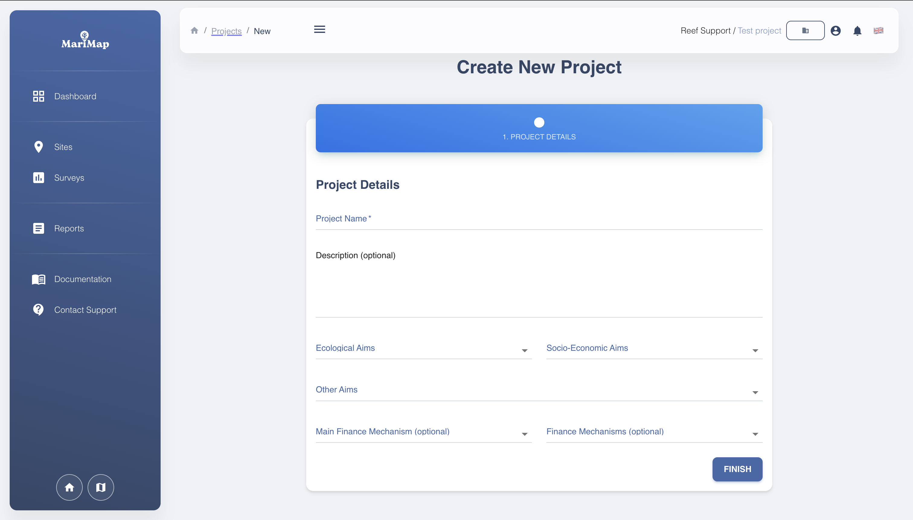 Project creation form